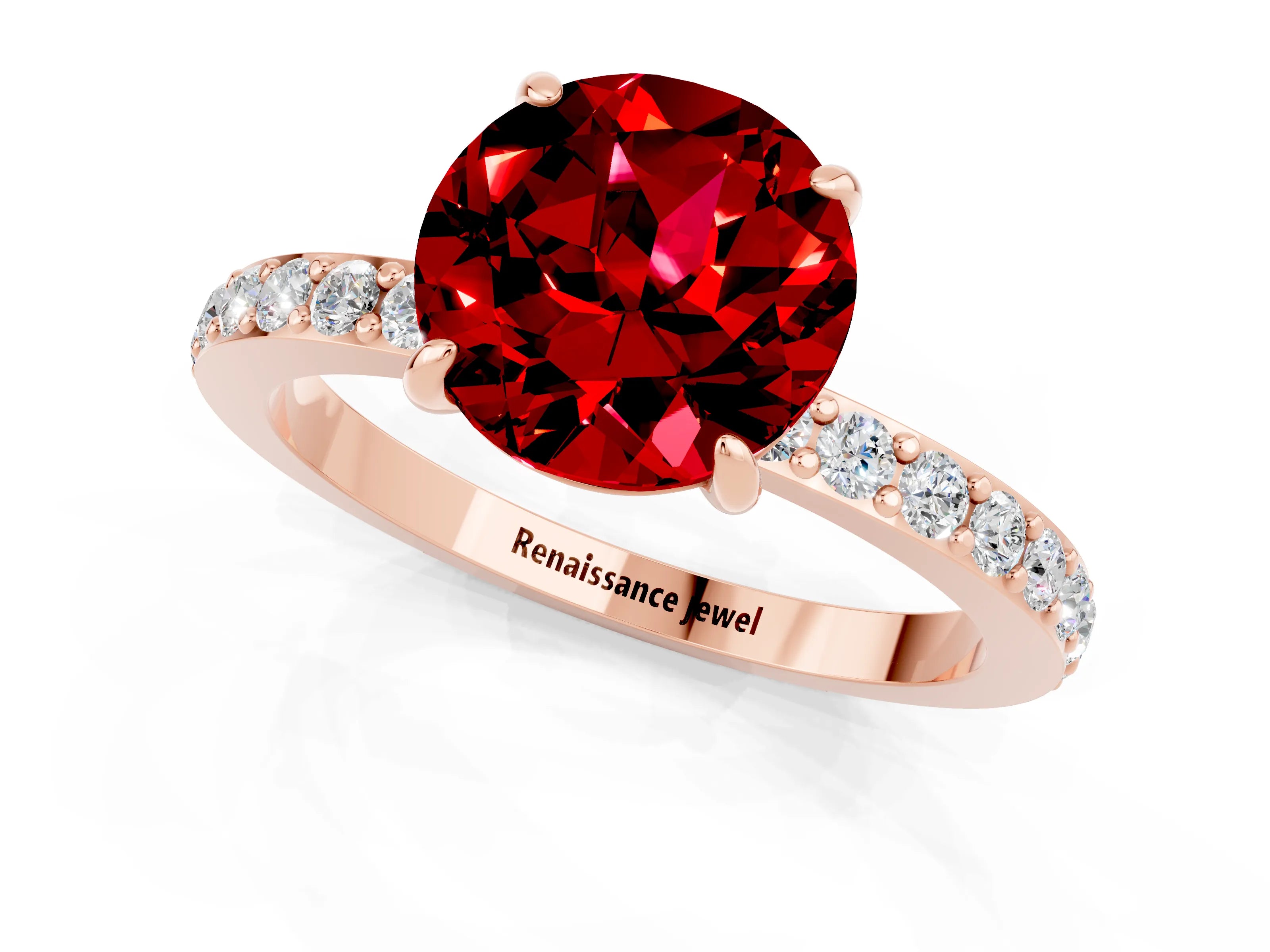 Rose gold Round Cut Ruby Ring with Pavé Band and Four-Prong Setting_1