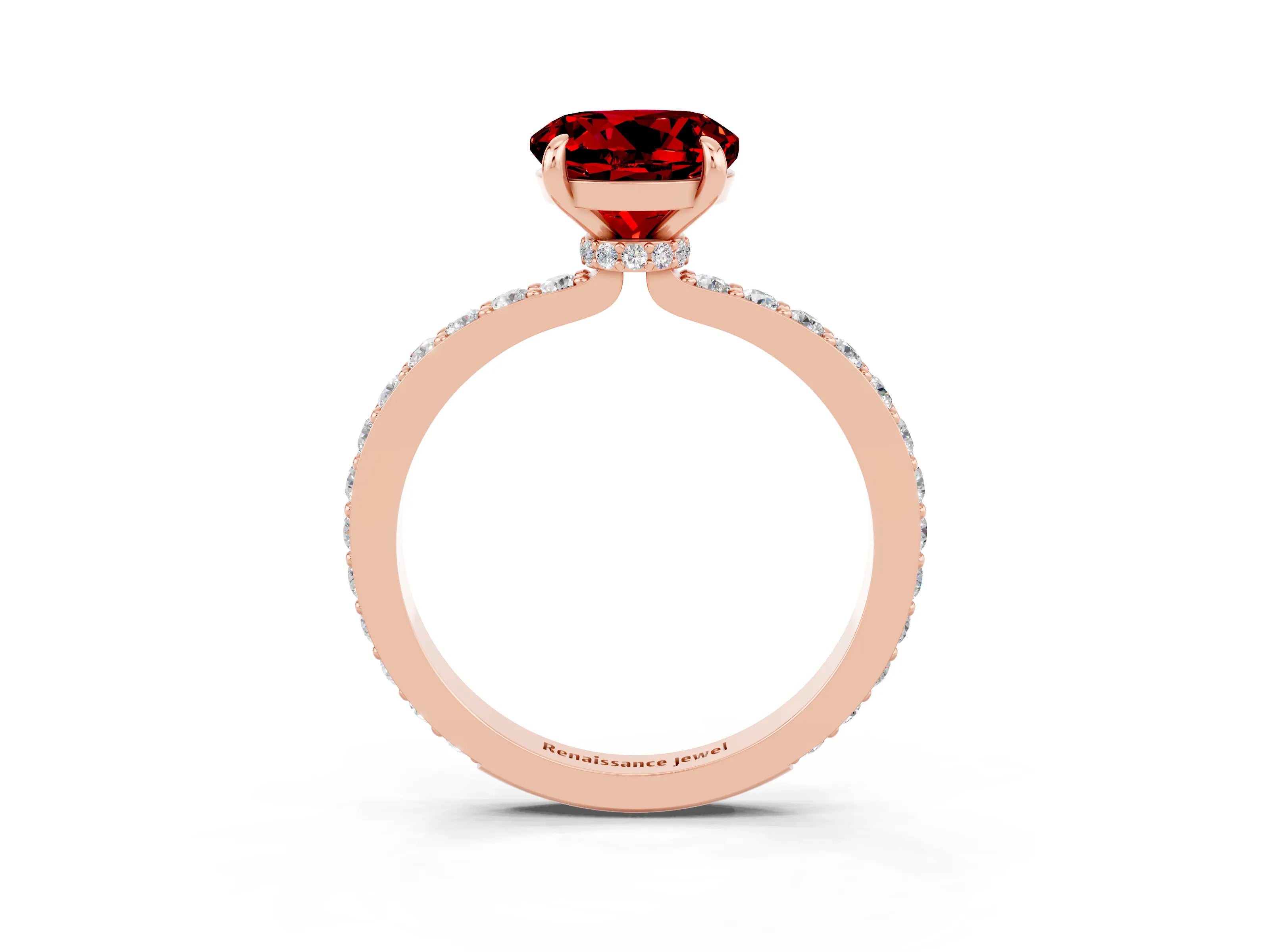 Rose gold Round Cut Ruby Ring with Pavé Band and Four-Prong Setting_3