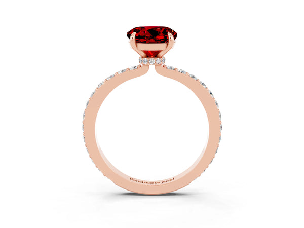 Rose gold Round Cut Ruby Pavé Engagement Ring with Round  Accents and Prong Setting