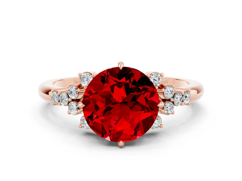 Rose gold Round Cut Ruby Ring with Side Stones and Four-Prong Setting_36
