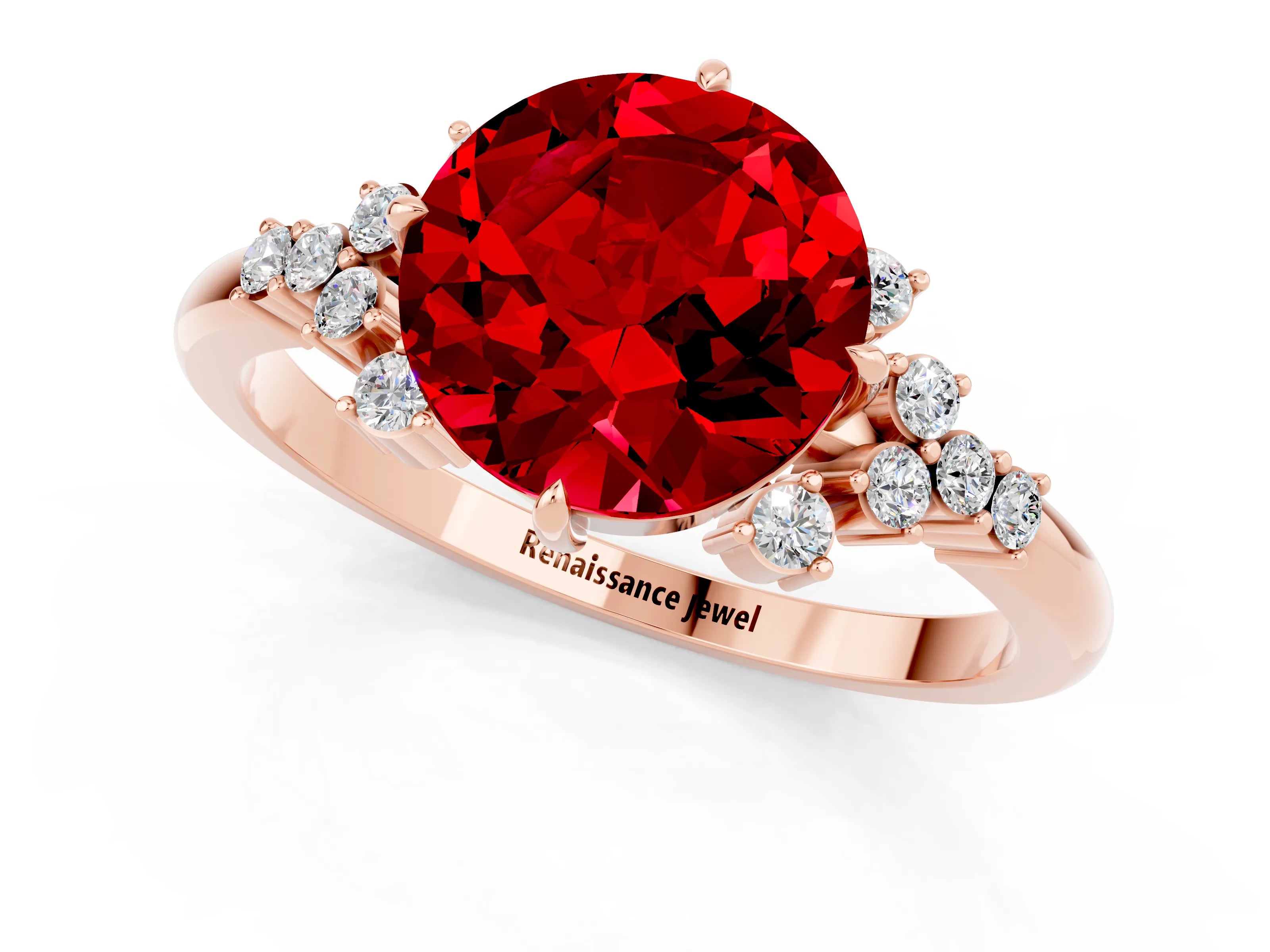 Rose gold Round Cut Ruby Ring with Side Stones and Four-Prong Setting_37