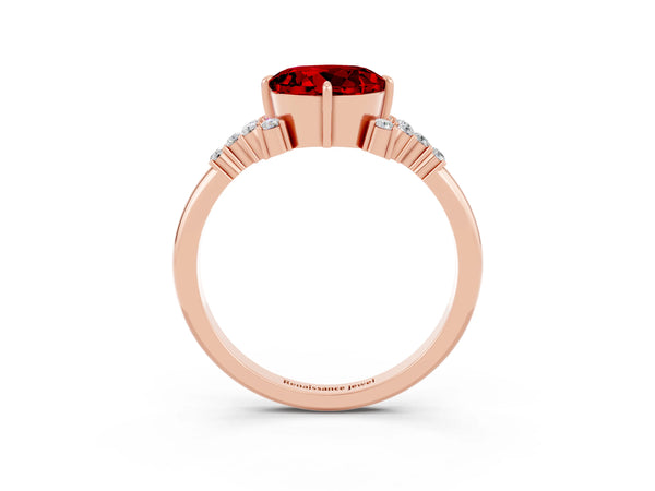 Rose gold Round Cut Ruby Ring with Side Stones and Four-Prong Setting