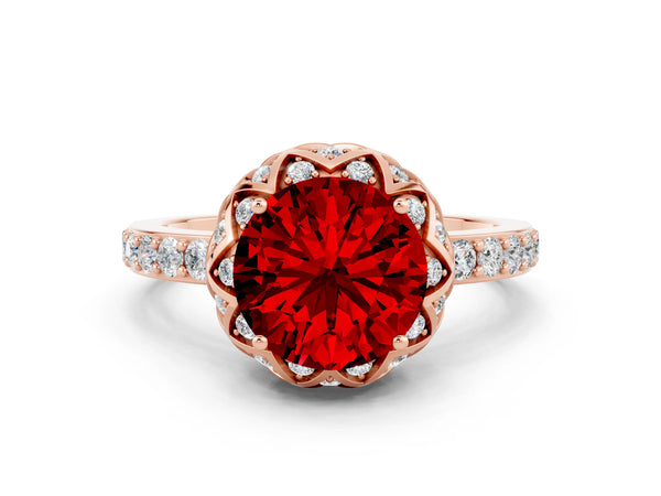Rose gold Round Cut Ruby Scalloped Halo Engagement Ring with Round Shared Prong Band