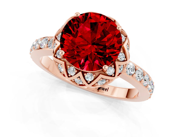 Rose gold Round Cut Ruby Scalloped Halo Engagement Ring with Round Shared Prong Band