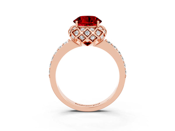 Rose gold Round Cut Ruby Scalloped Halo Engagement Ring with Round Shared Prong Band