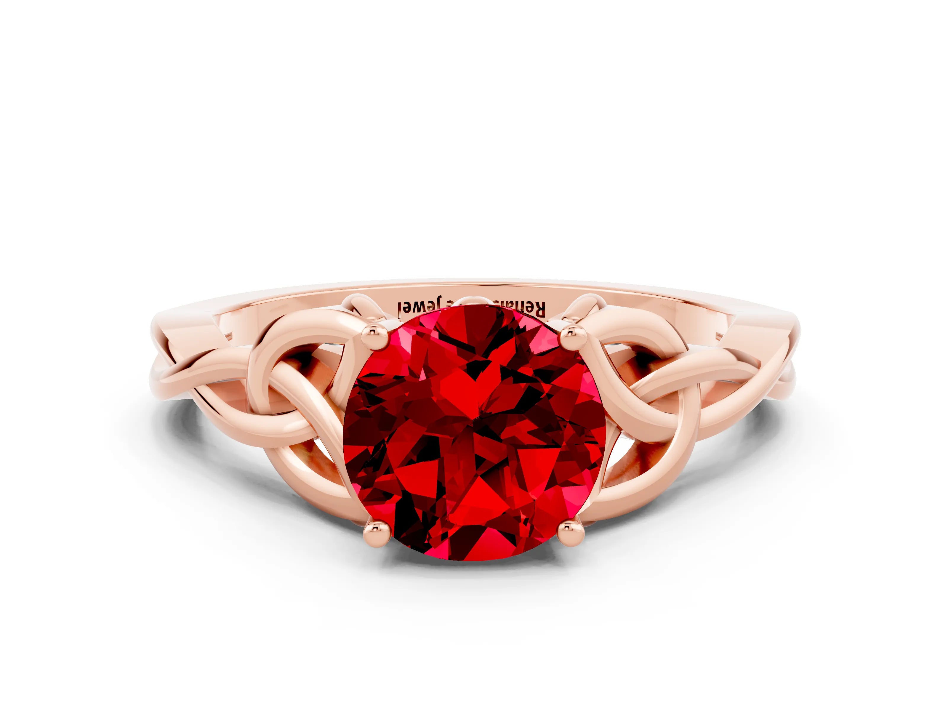 Rose gold Round Cut Ruby Solitaire Celtic Knot Ring with Four-Prong Setting_12