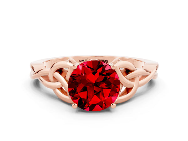 Rose gold Round Cut Ruby Solitaire Celtic Knot Ring with Four-Prong Setting