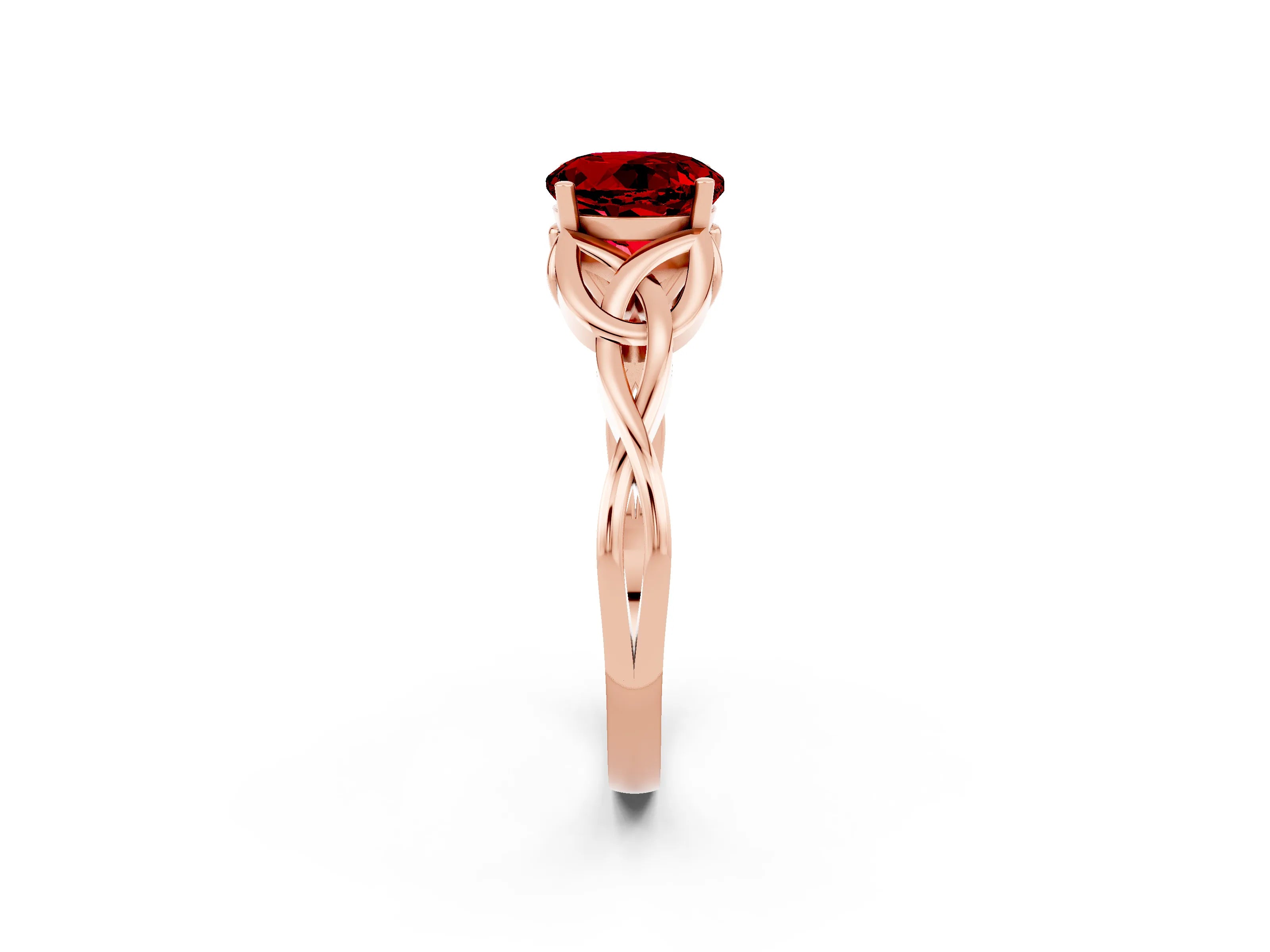 Rose gold Round Cut Ruby Solitaire Celtic Knot Ring with Four-Prong Setting_14