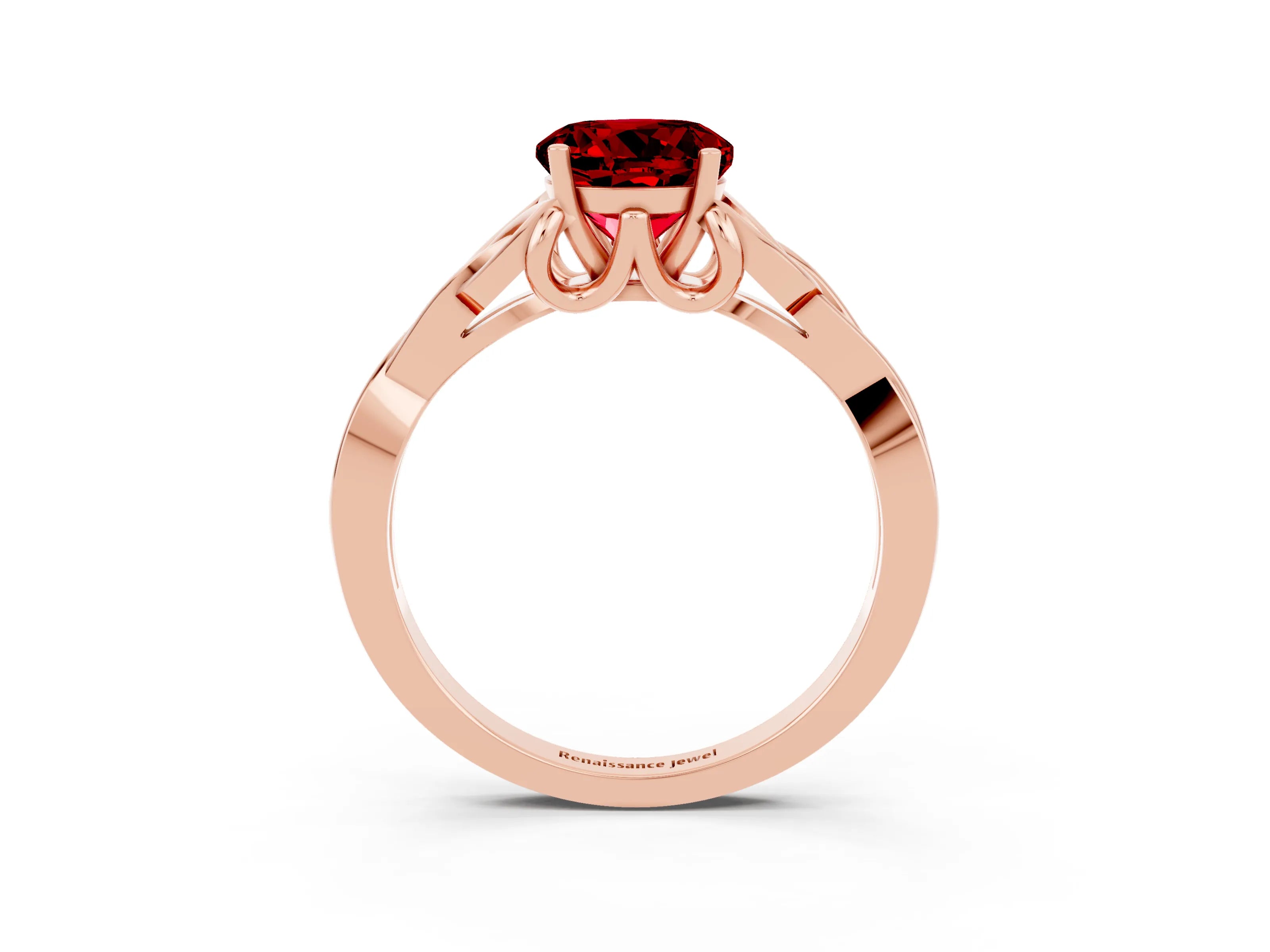 Rose gold Round Cut Ruby Solitaire Celtic Knot Ring with Four-Prong Setting_15