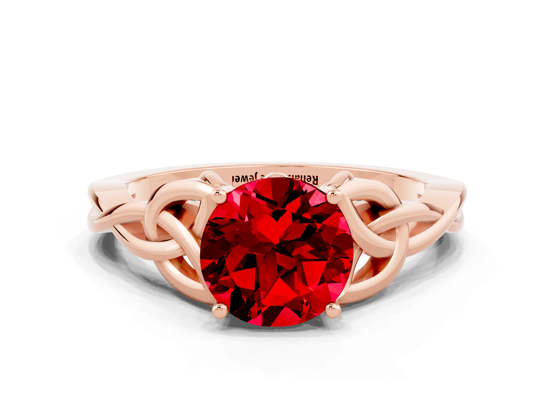 Rose gold Round Cut Ruby Solitaire Engagement Ring with Celtic Knot Band and Four-Prong Setting