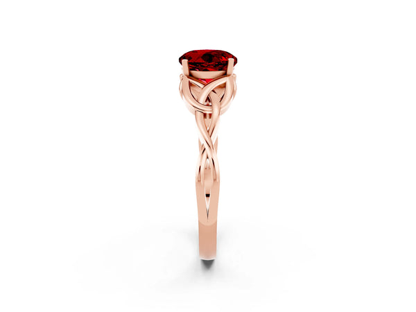Rose gold Round Cut Ruby Solitaire Engagement Ring with Celtic Knot Band and Four-Prong Setting