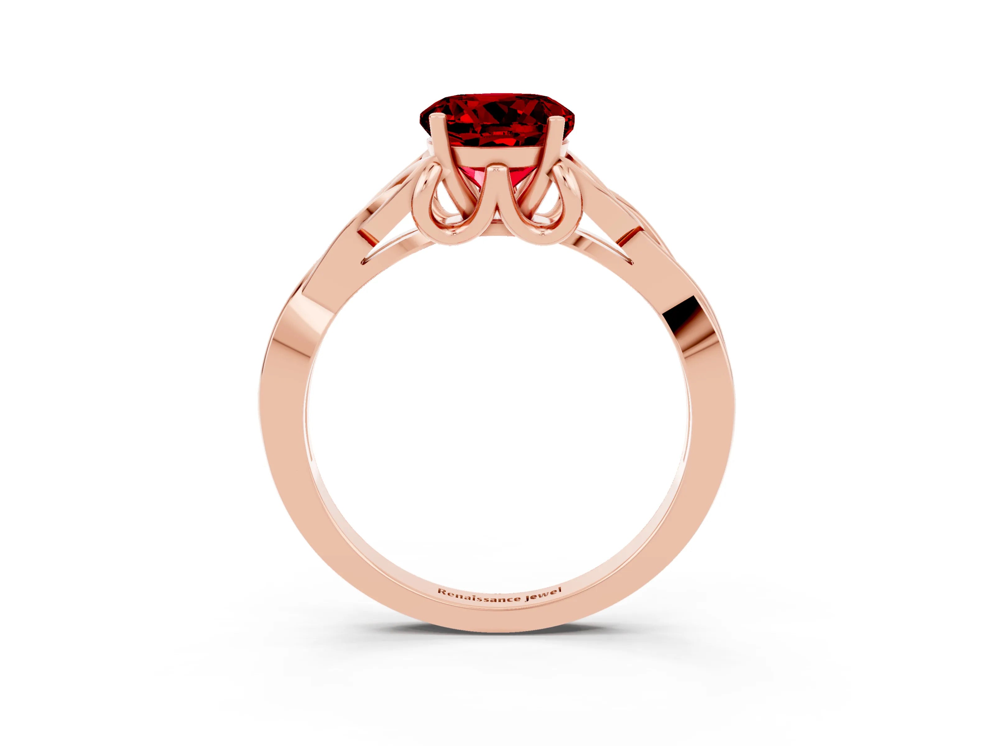 Rose gold Round Cut Ruby Solitaire Engagement Ring with Celtic Knot Band and Four-Prong Setting_3