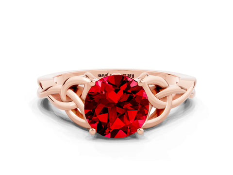 Rose gold Round Cut Ruby Solitaire Engagement Ring with Celtic Knot Band and Four-Prong Setting