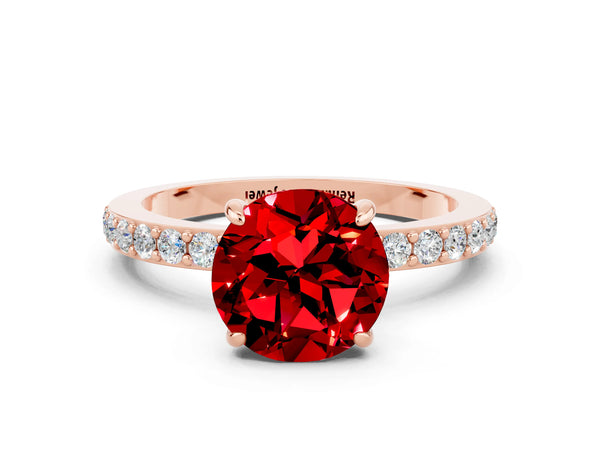 Rose gold Round Cut Ruby Solitaire Engagement Ring with Pavé Band and Four-Prong Setting