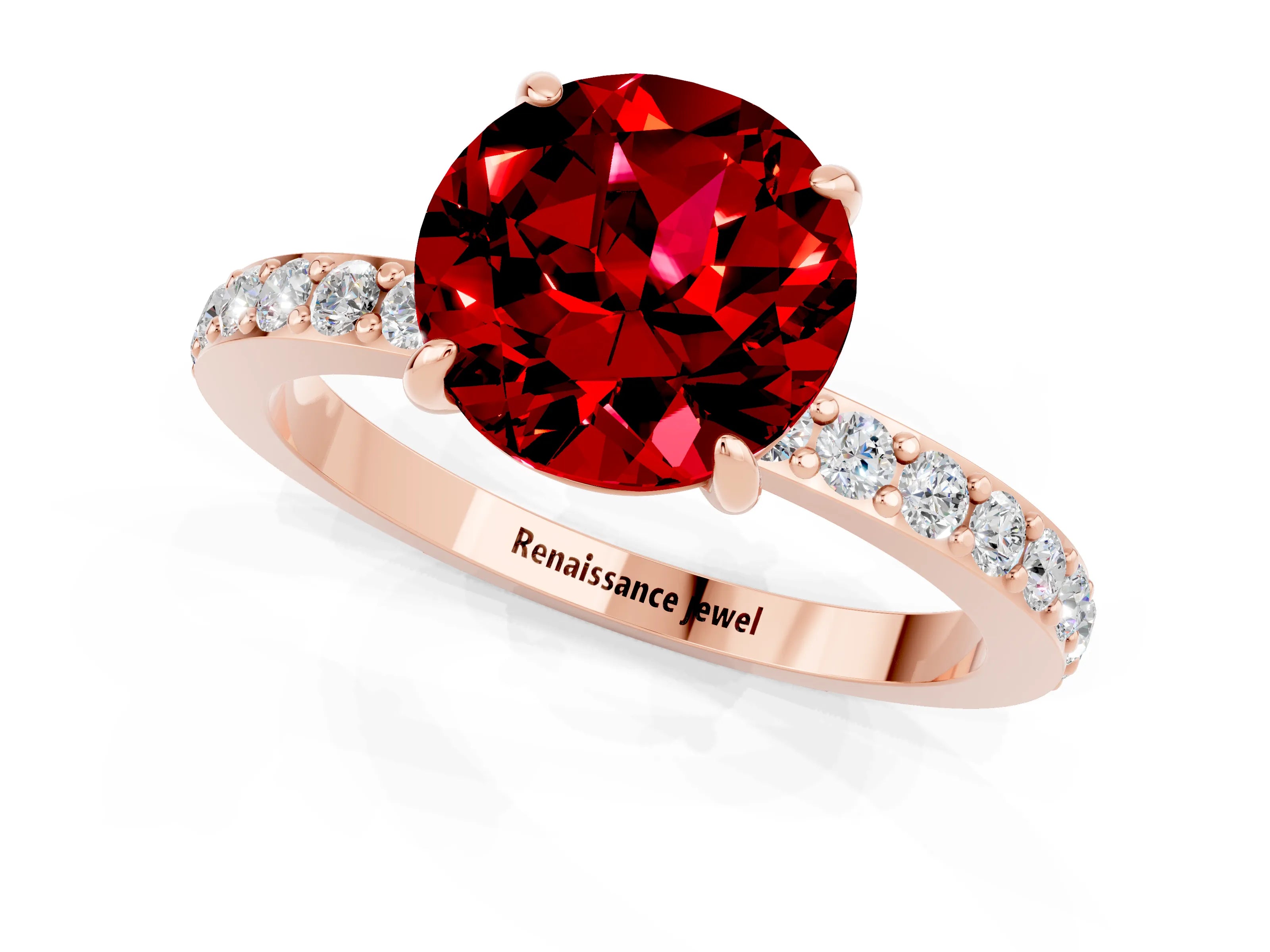Rose gold Round Cut Ruby Solitaire Engagement Ring with Pavé Band and Four-Prong Setting_1