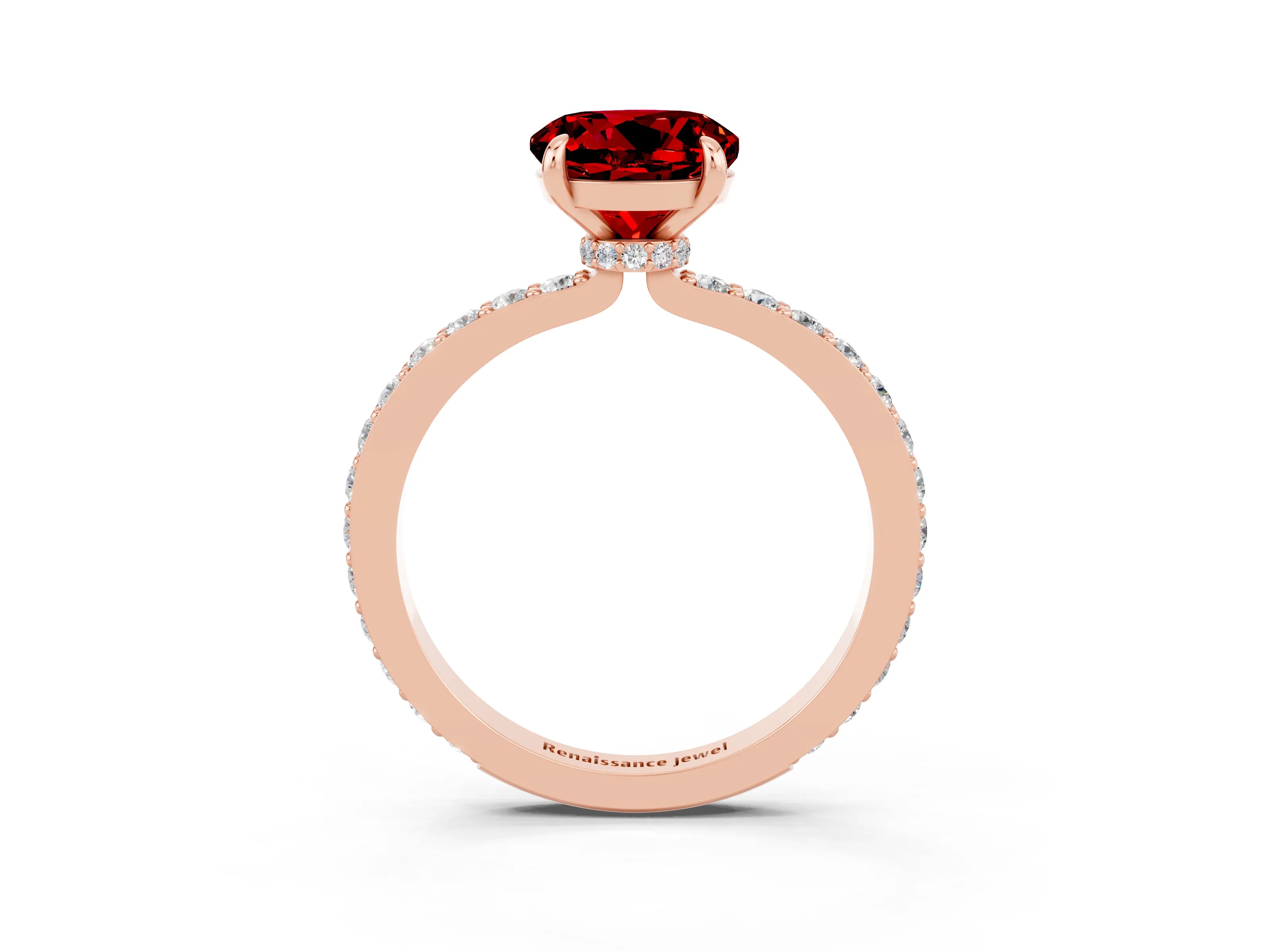 Rose gold Round Cut Ruby Solitaire Engagement Ring with Pavé Band and Four-Prong Setting_3