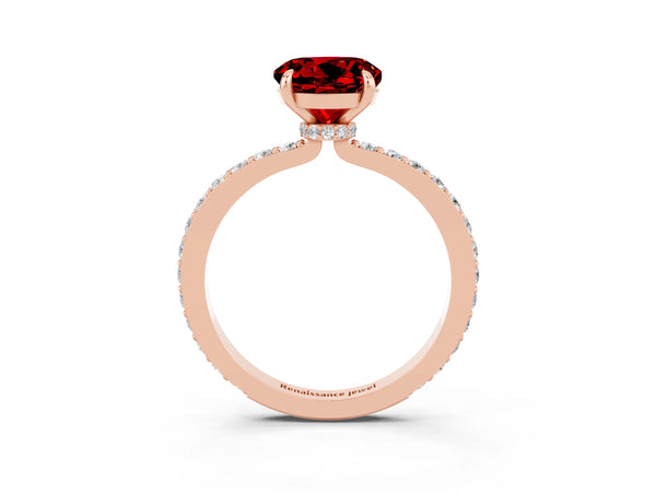 Rose gold Round Cut Ruby Solitaire Engagement Ring with Pavé Band and Four-Prong Setting