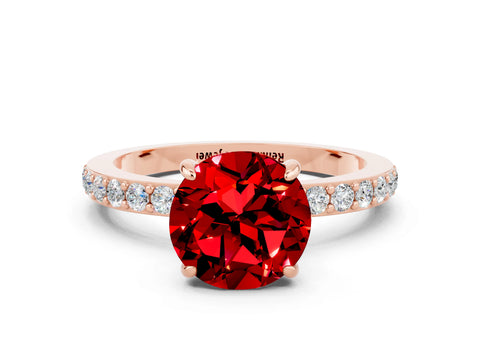 Rose gold Round Cut Ruby Solitaire Engagement Ring with Pavé Band and Four-Prong Setting