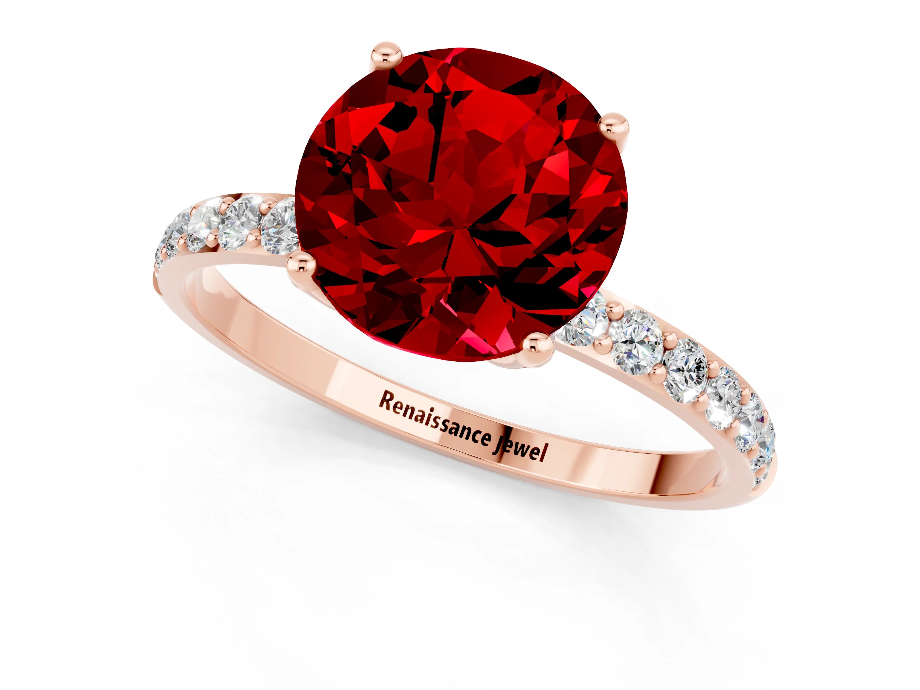 Rose gold Round Cut Ruby Solitaire Engagement Ring with Pavé Band and Prong Setting_1
