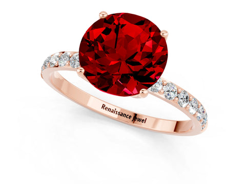 Rose gold Round Cut Ruby Solitaire Engagement Ring with Pavé Band and Prong Setting_1