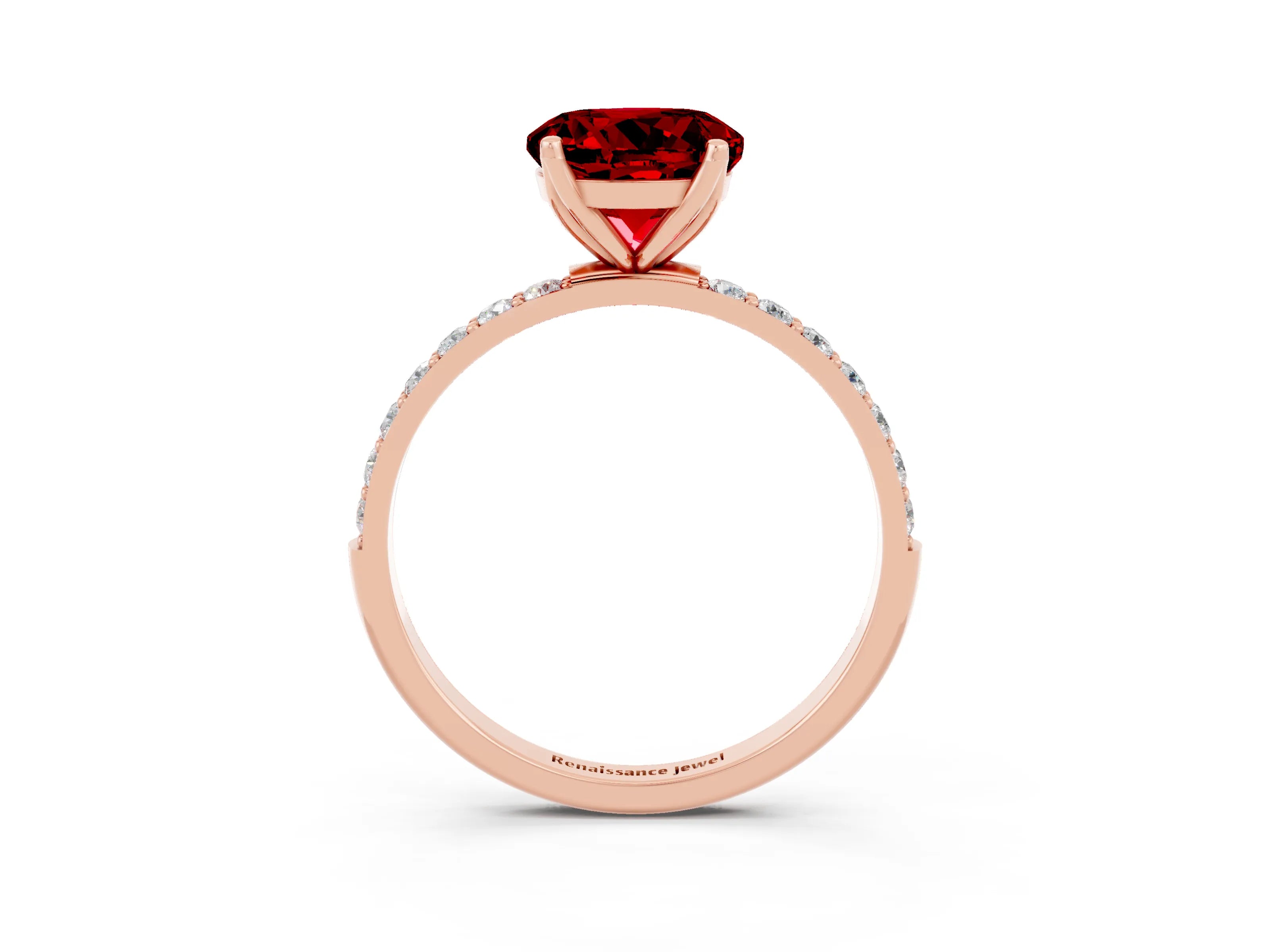 Rose gold Round Cut Ruby Solitaire Engagement Ring with Pavé Band and Prong Setting_3