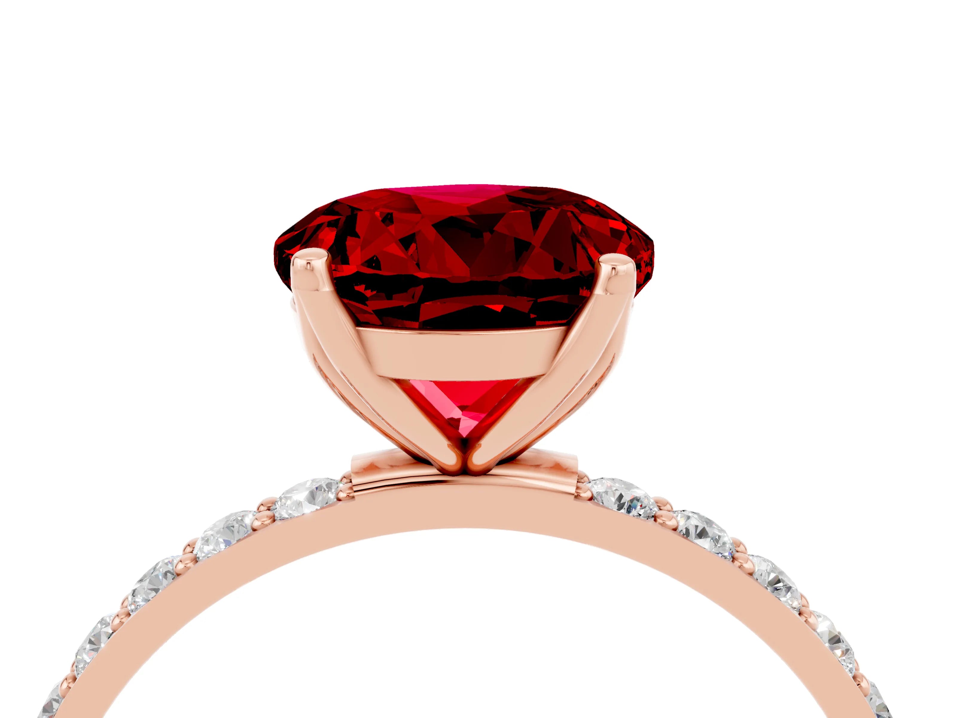 Rose gold Round Cut Ruby Solitaire Engagement Ring with Pavé Band and Prong Setting_4
