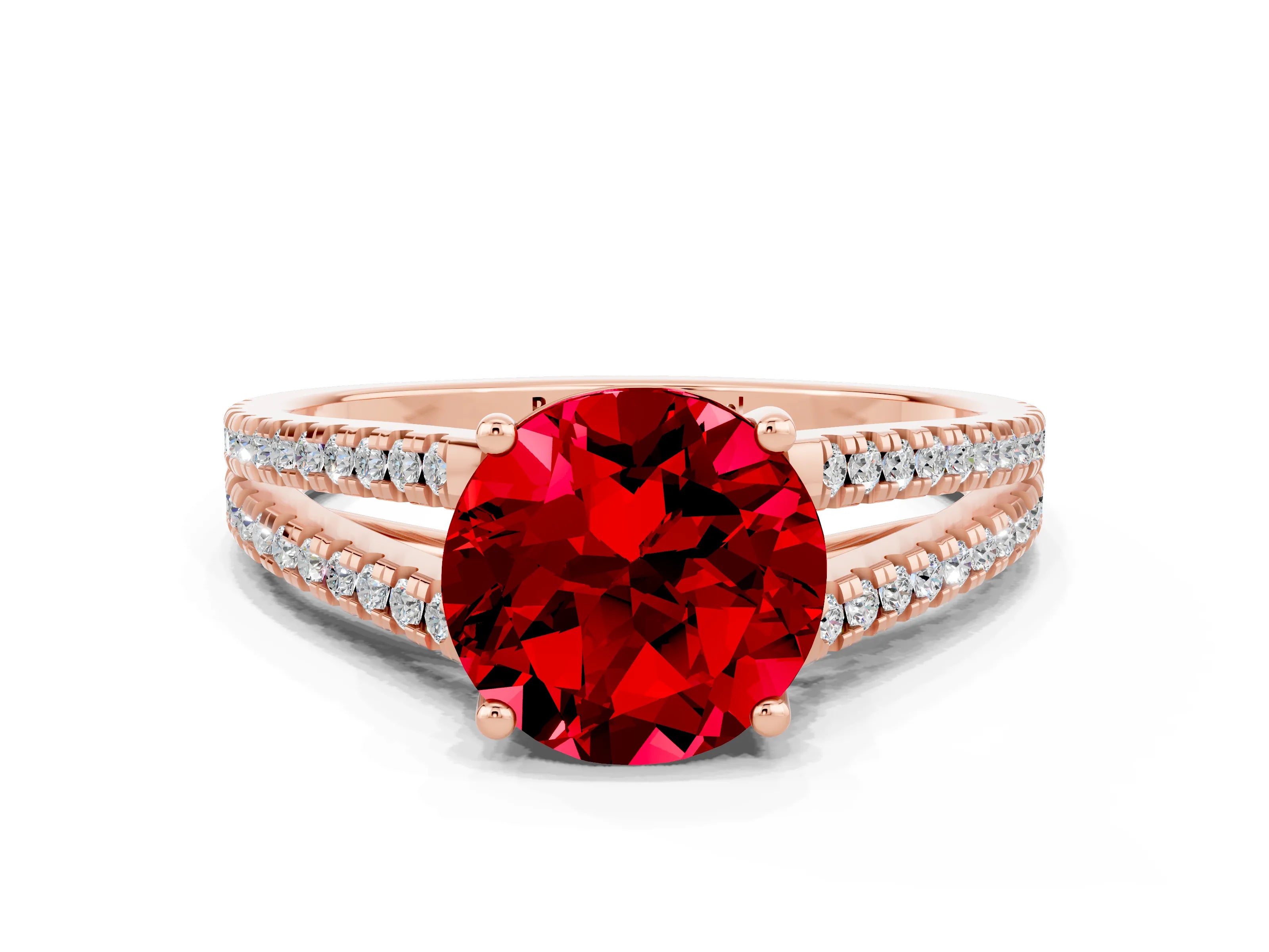 Rose gold Round Cut Ruby Solitaire Engagement Ring with Split Shank Pavé Band
