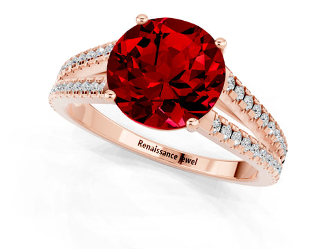 Rose gold Round Cut Ruby Solitaire Engagement Ring with Split Shank Pavé Band_1