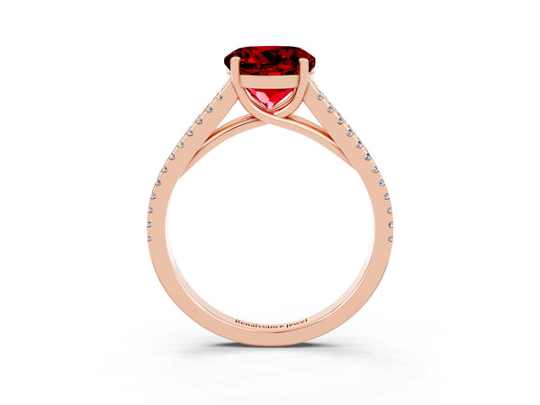 Rose gold Round Cut Ruby Solitaire Engagement Ring with Split Shank Pavé Band