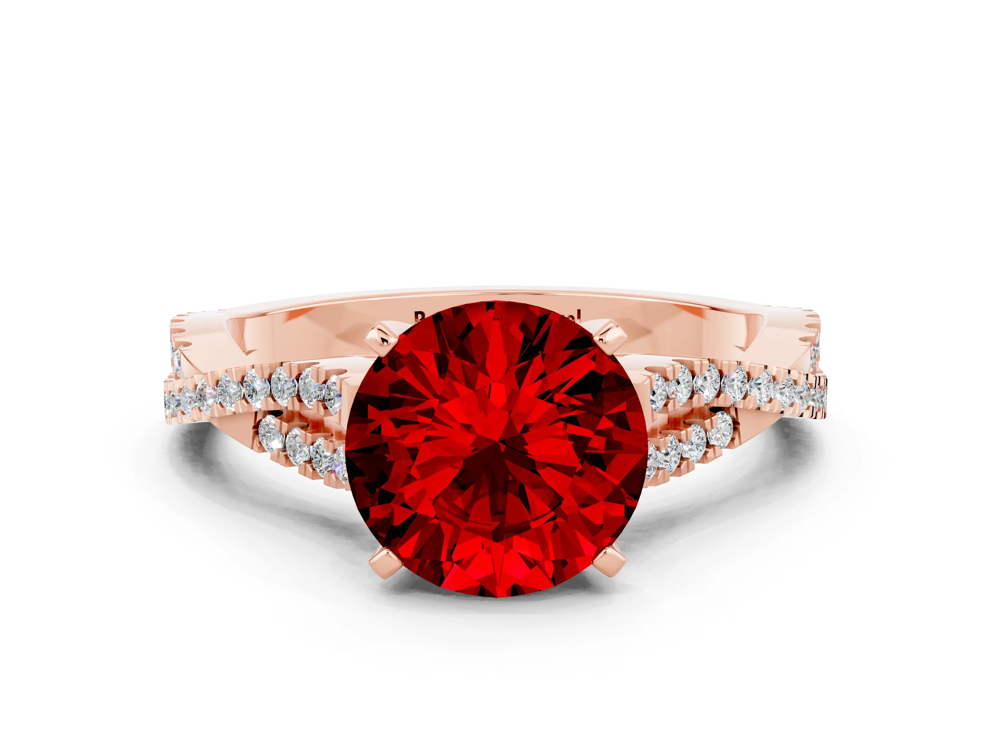 Rose gold Round Cut Ruby Solitaire Engagement Ring with Twisted Pavé Band and Four-Prong Setting_12