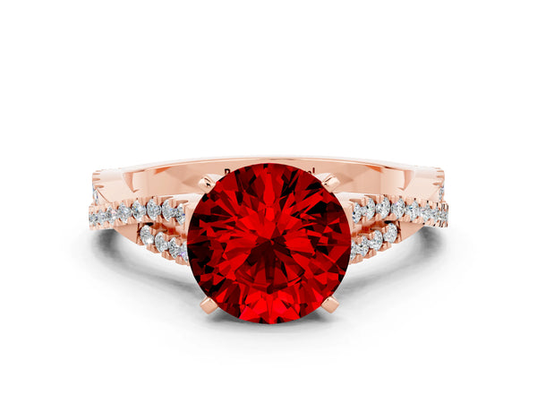 Rose gold Round Cut Ruby Solitaire Engagement Ring with Twisted Pavé Band and Four-Prong Setting