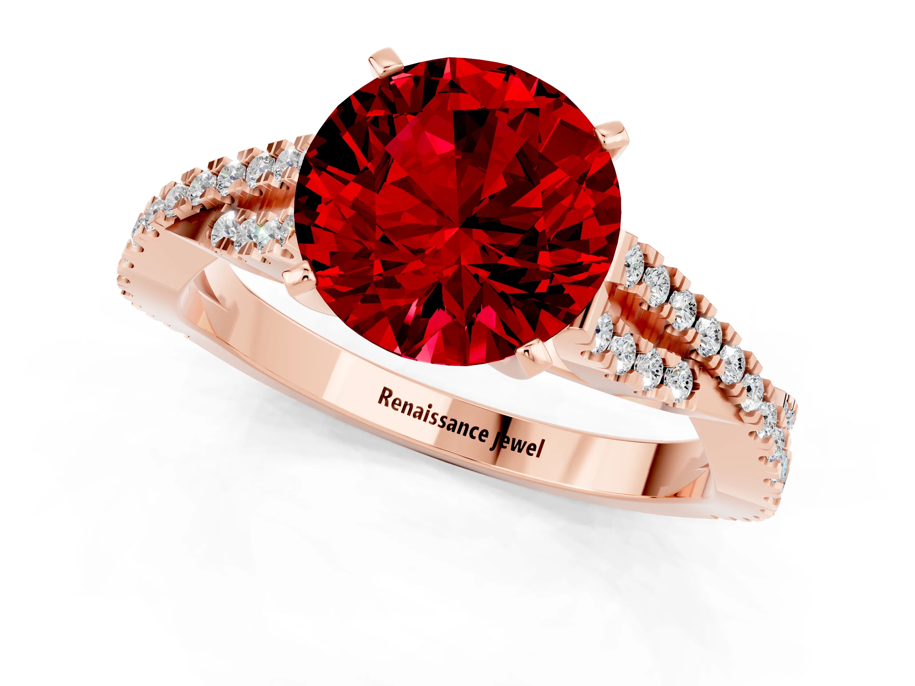 Rose gold Round Cut Ruby Solitaire Engagement Ring with Twisted Pavé Band and Four-Prong Setting_13