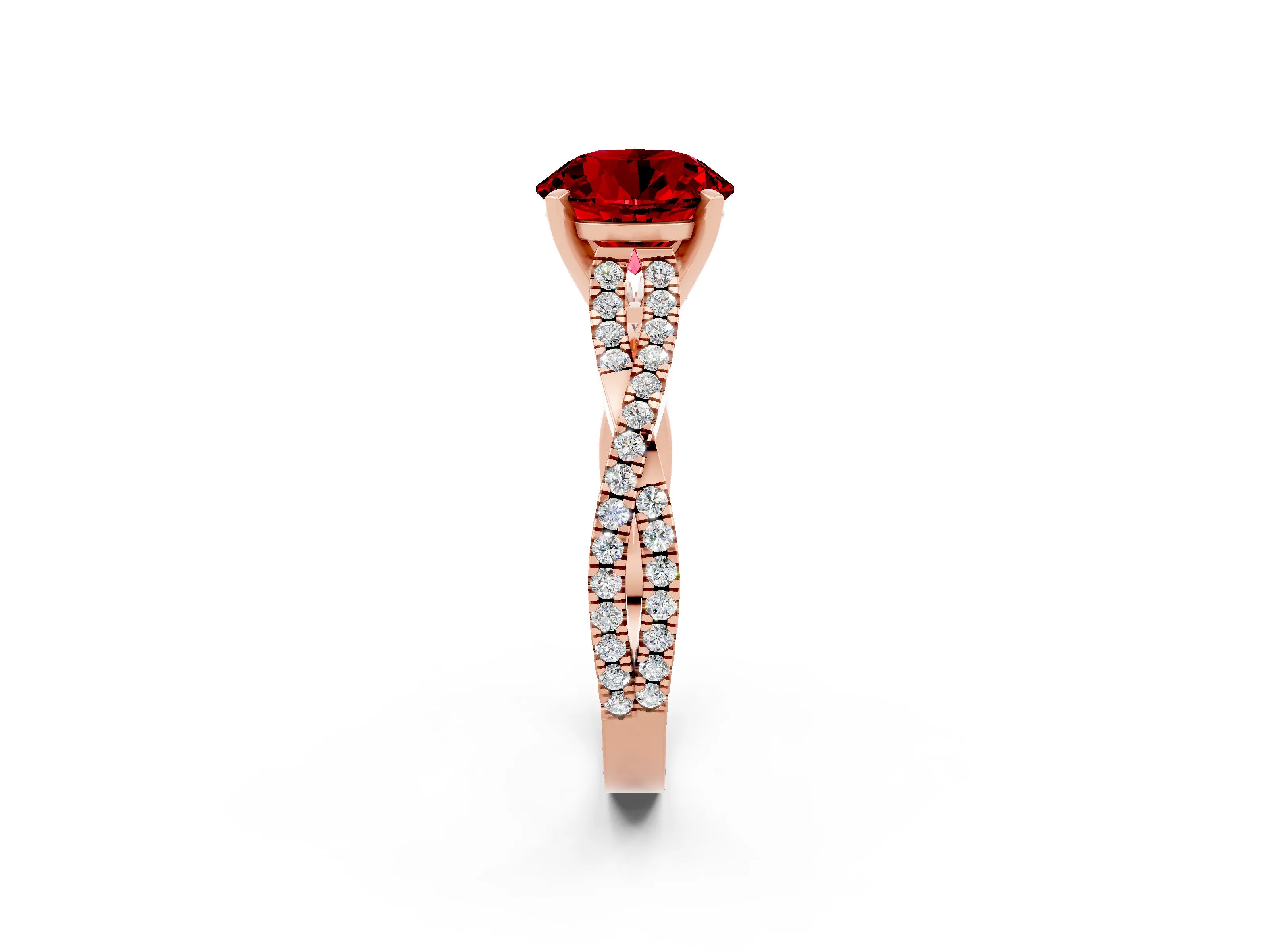 Rose gold Round Cut Ruby Solitaire Engagement Ring with Twisted Pavé Band and Four-Prong Setting_14