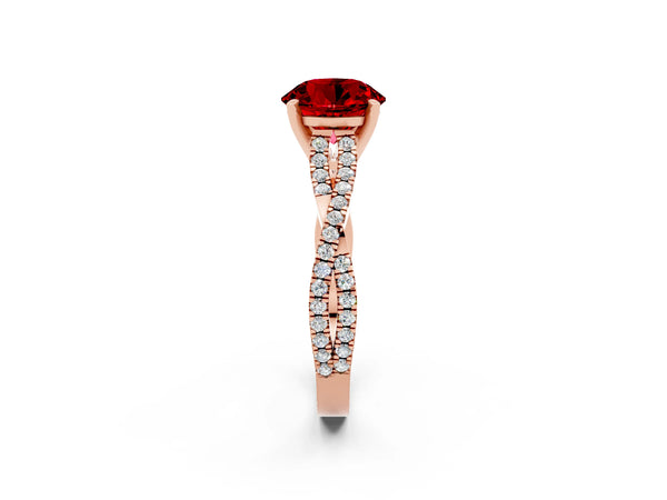 Rose gold Round Cut Ruby Solitaire Engagement Ring with Twisted Pavé Band and Four-Prong Setting