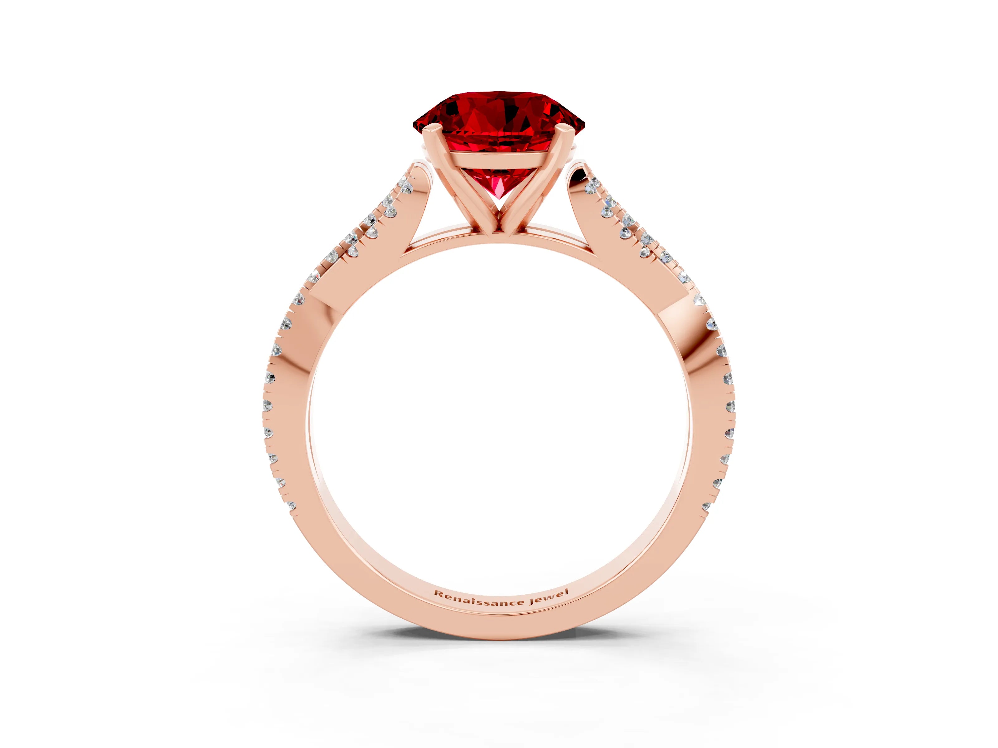 Rose gold Round Cut Ruby Solitaire Engagement Ring with Twisted Pavé Band and Four-Prong Setting_15