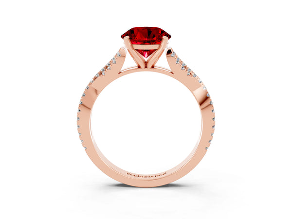 Rose gold Round Cut Ruby Solitaire Engagement Ring with Twisted Pavé Band and Four-Prong Setting