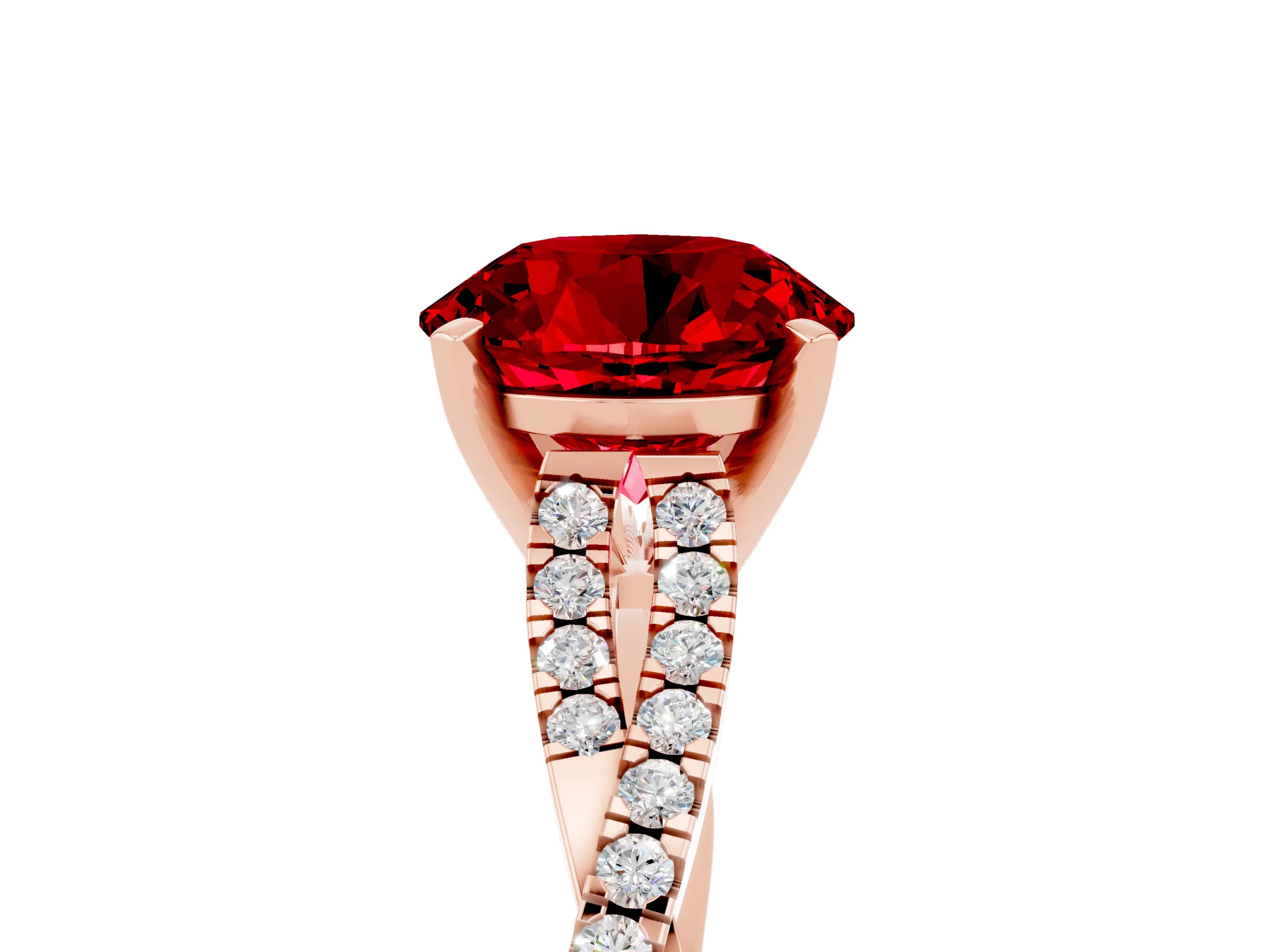 Rose gold Round Cut Ruby Solitaire Engagement Ring with Twisted Pavé Band and Four-Prong Setting_17