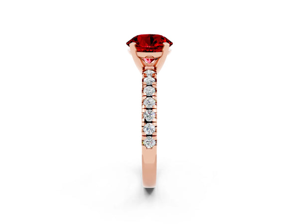 Rose gold Round Cut Ruby Solitaire Pavé Engagement Ring with Round Band and Prong Setting