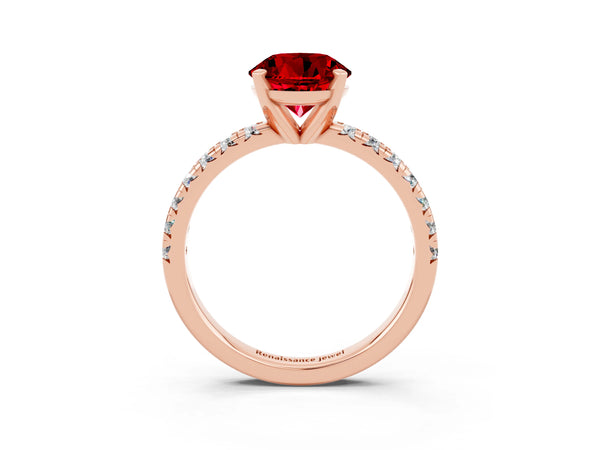 Rose gold Round Cut Ruby Solitaire Pavé Engagement Ring with Round Band and Prong Setting