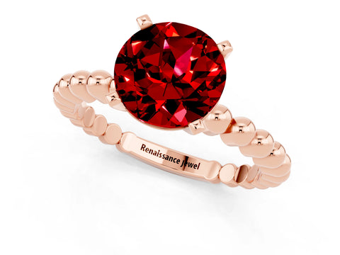 Rose gold Round Cut Ruby Solitaire Ring with Beaded Band and Prong Setting_1