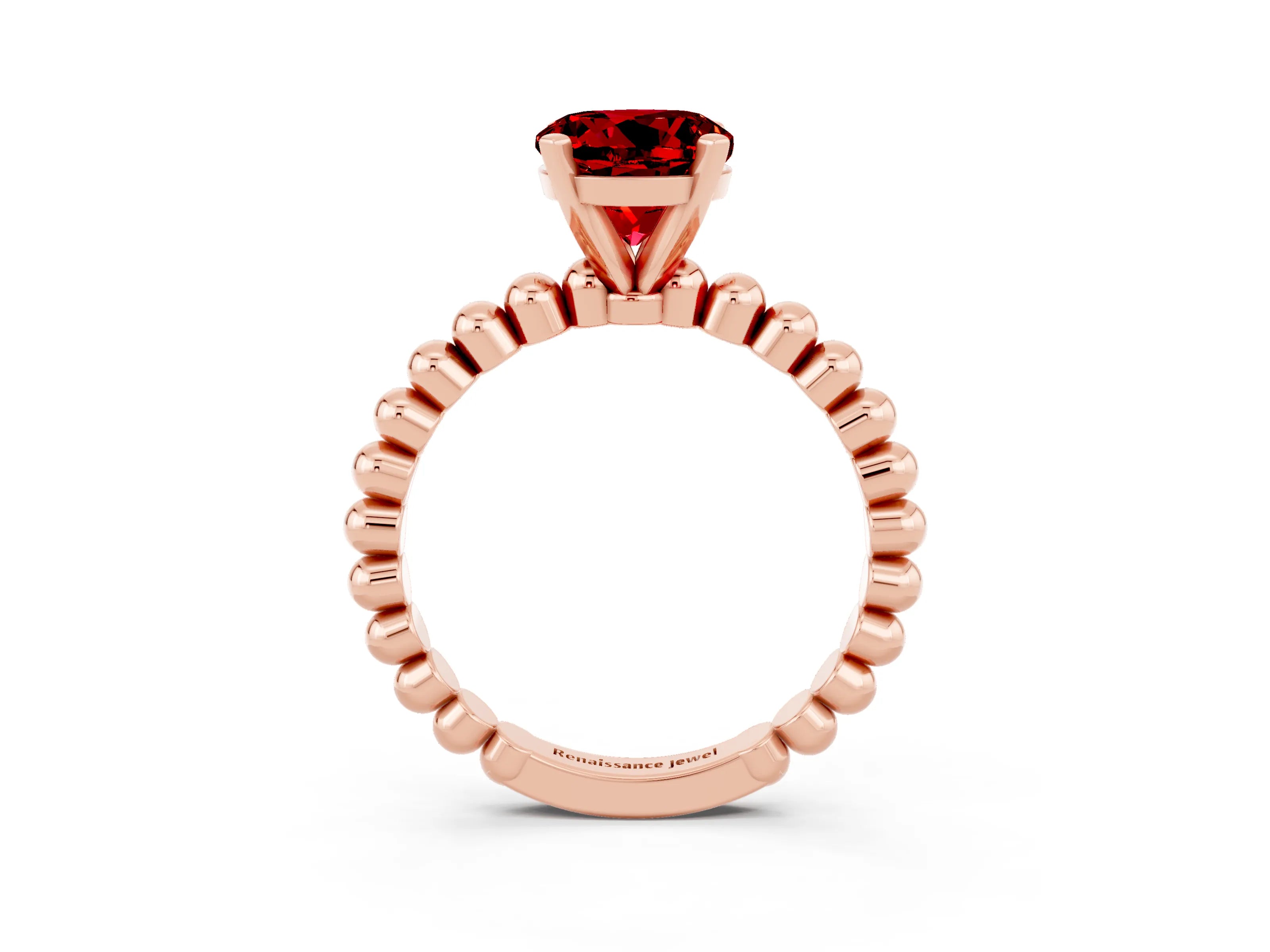 Rose gold Round Cut Ruby Solitaire Ring with Beaded Band and Prong Setting_3
