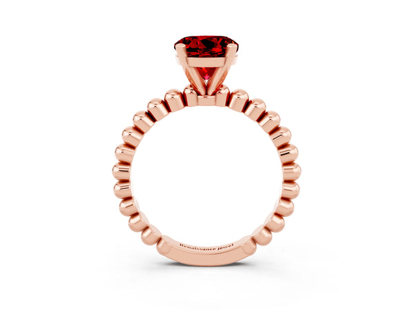 Rose gold Round Cut Ruby Solitaire Ring with Beaded Band and Prong Setting