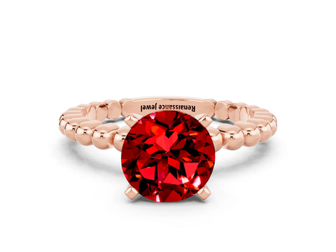 Rose gold Round Cut Ruby Solitaire Ring with Beaded Band and Prong Setting