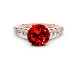 Rose gold Round Cut Ruby Solitaire Ring with Cathedral Setting and Pavé Band