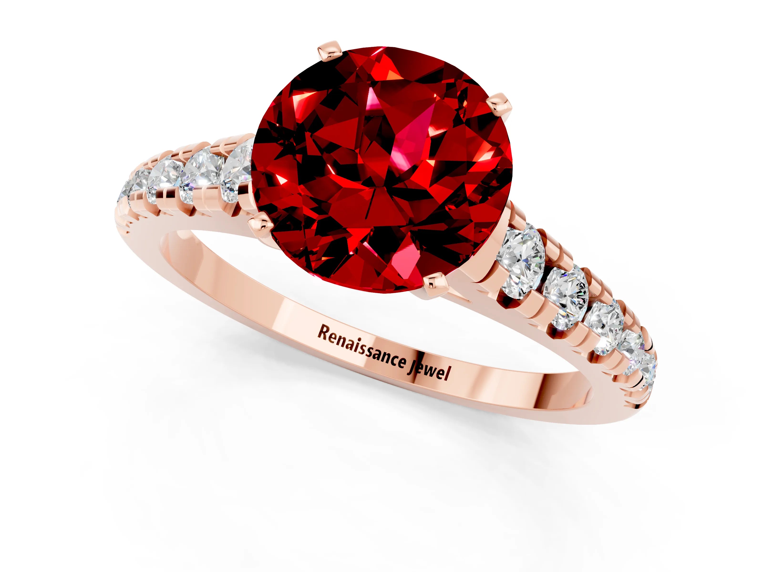Rose gold Round Cut Ruby Solitaire Ring with Cathedral Setting and Pavé Band_1