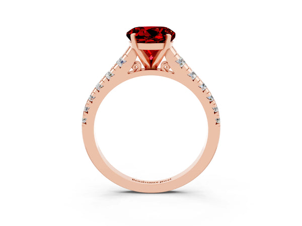 Rose gold Round Cut Ruby Cathedral Solitaire Ring with Round  Pavé Band
