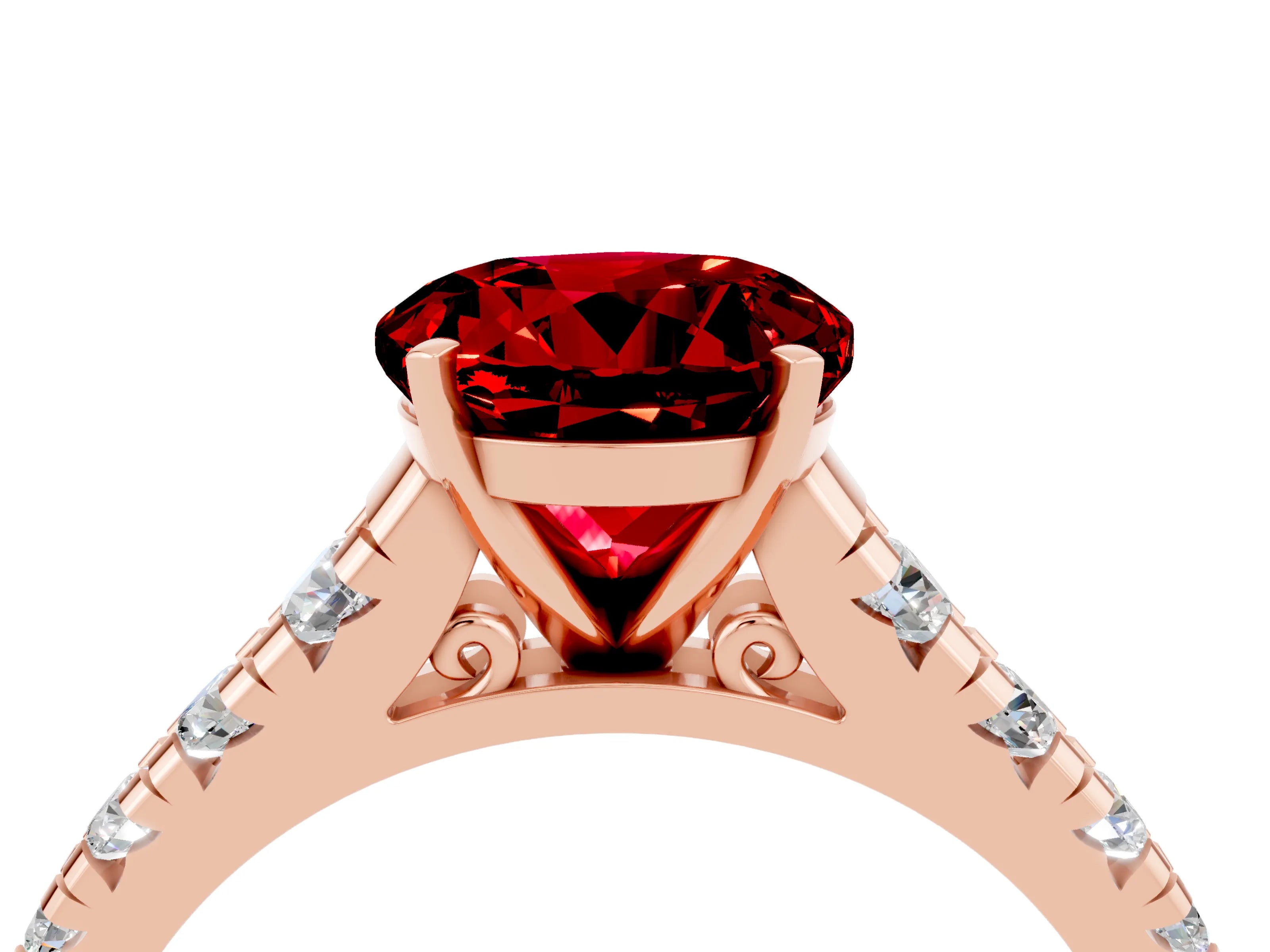 Rose gold Round Cut Ruby Solitaire Ring with Cathedral Setting and Pavé Band_4