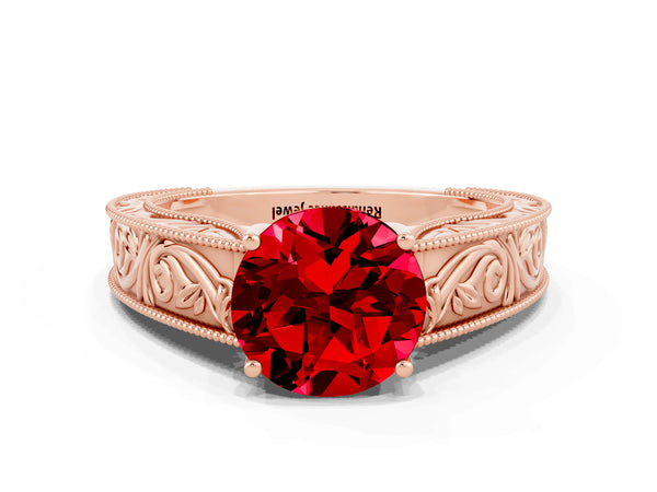 Rose gold Round Cut Ruby Solitaire Ring with Engraved Band and Four-Prong Setting