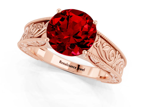 Rose gold Round Cut Ruby Solitaire Ring with Engraved Band and Four-Prong Setting_1