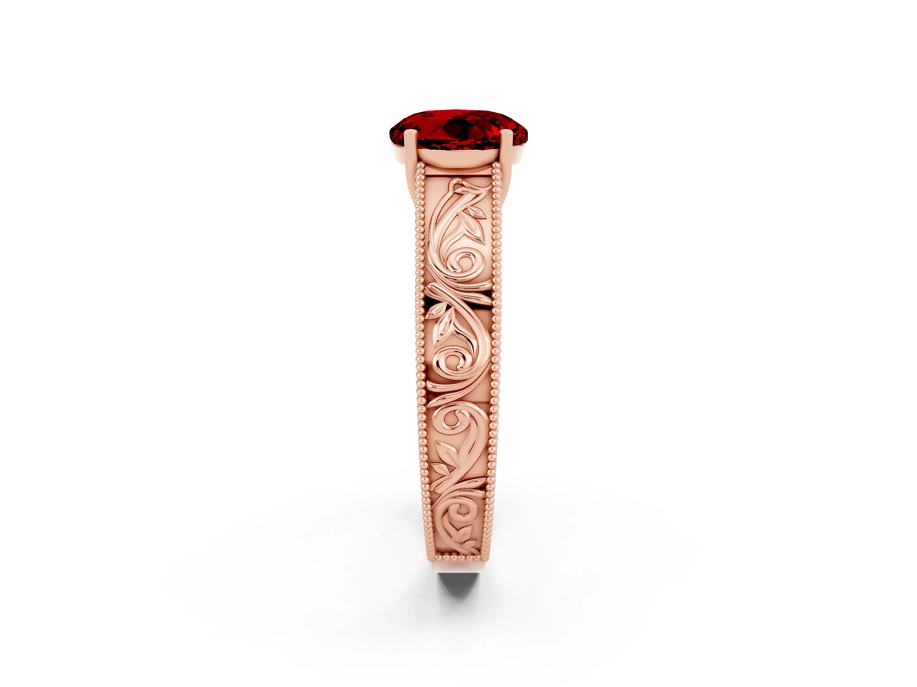 Rose gold Round Cut Ruby Solitaire Ring with Engraved Band and Four-Prong Setting_2